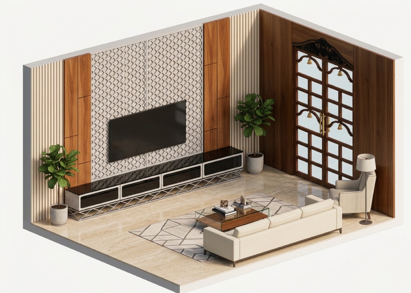 Isometric render example: 3d furnished cutaway